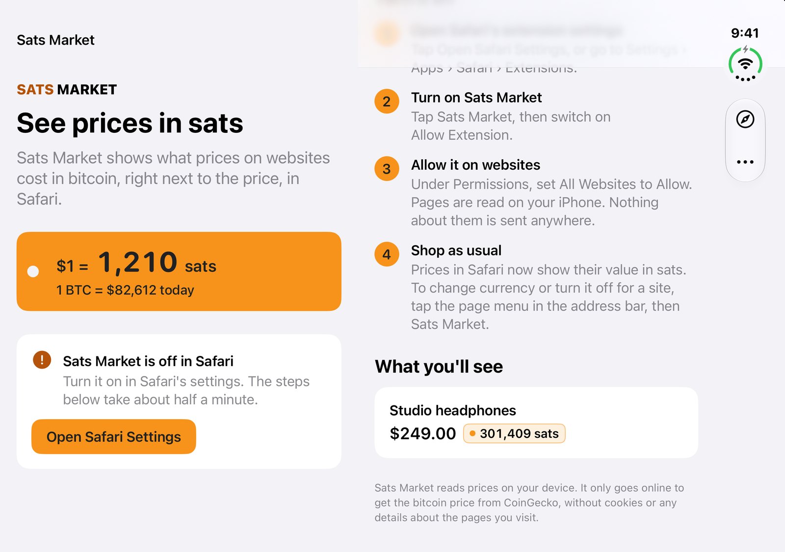 The Sats Market app on the unfolded iPhone Duo in landscape: the headline and status card in the left pane, the setup steps and example badge in the right pane.