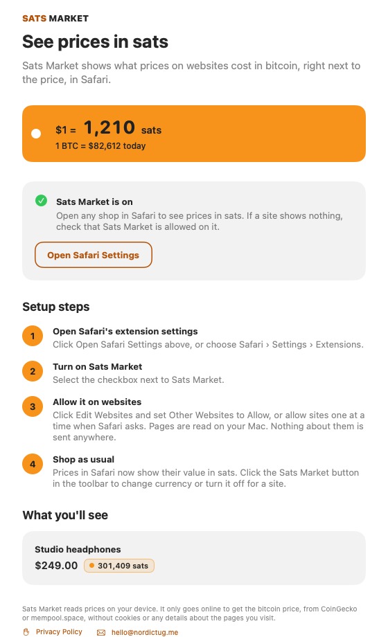 The Sats Market app on Mac, reporting that Sats Market is on, with the setup steps and the example badge.